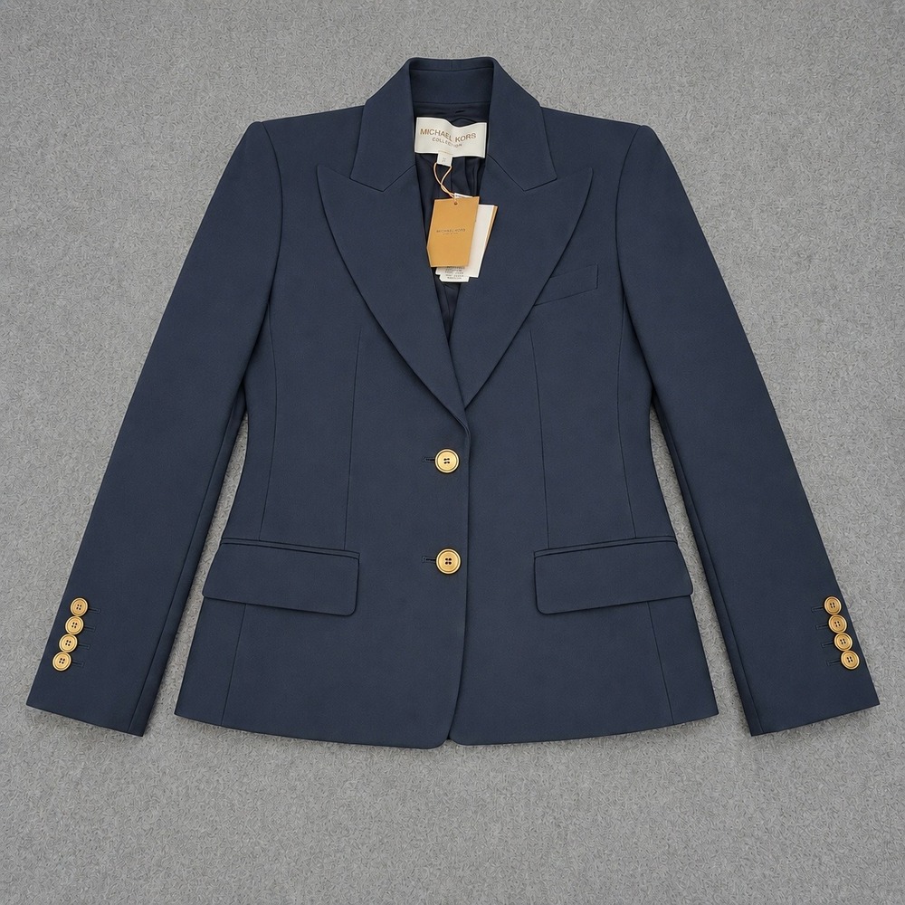 Michael Kors Blazer Womens Crepe Sable Cropped Boyfriend Midnight Gold Buttons 2